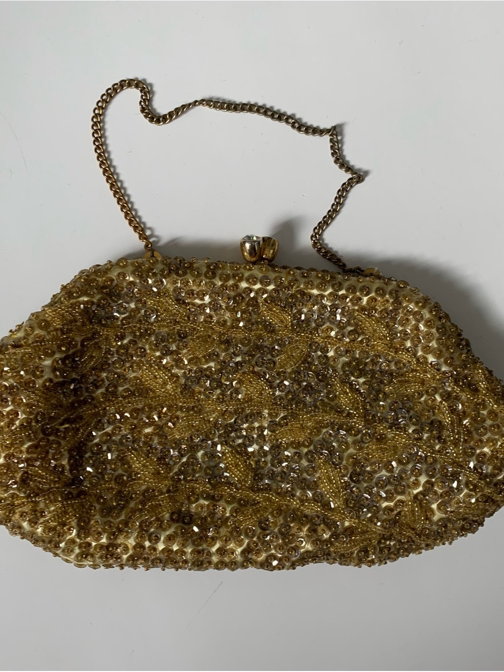 Vintage 1960s Gold Beaded Sequined Clutch Bag Evening Purse Rhinestone Clasp